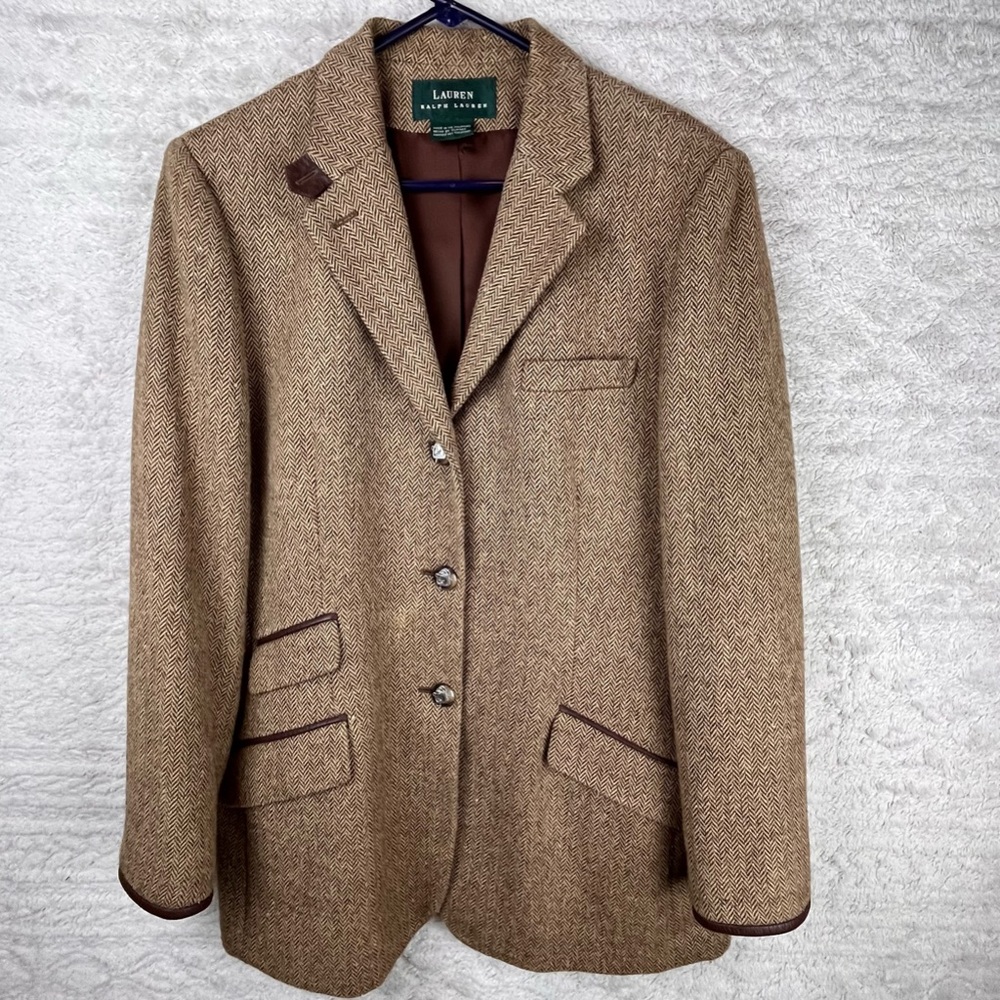 LAUREN RALPH LAUREN Equestrian Blazer Wool Silk Herringbone Tweed Riding Brown